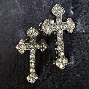Silver Cross Earrings with Rhinestones